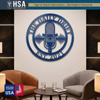 Blue circular metal sign featuring a podcast mic and waveform, THE DAILY DRIVE around edge for recording studio decor.