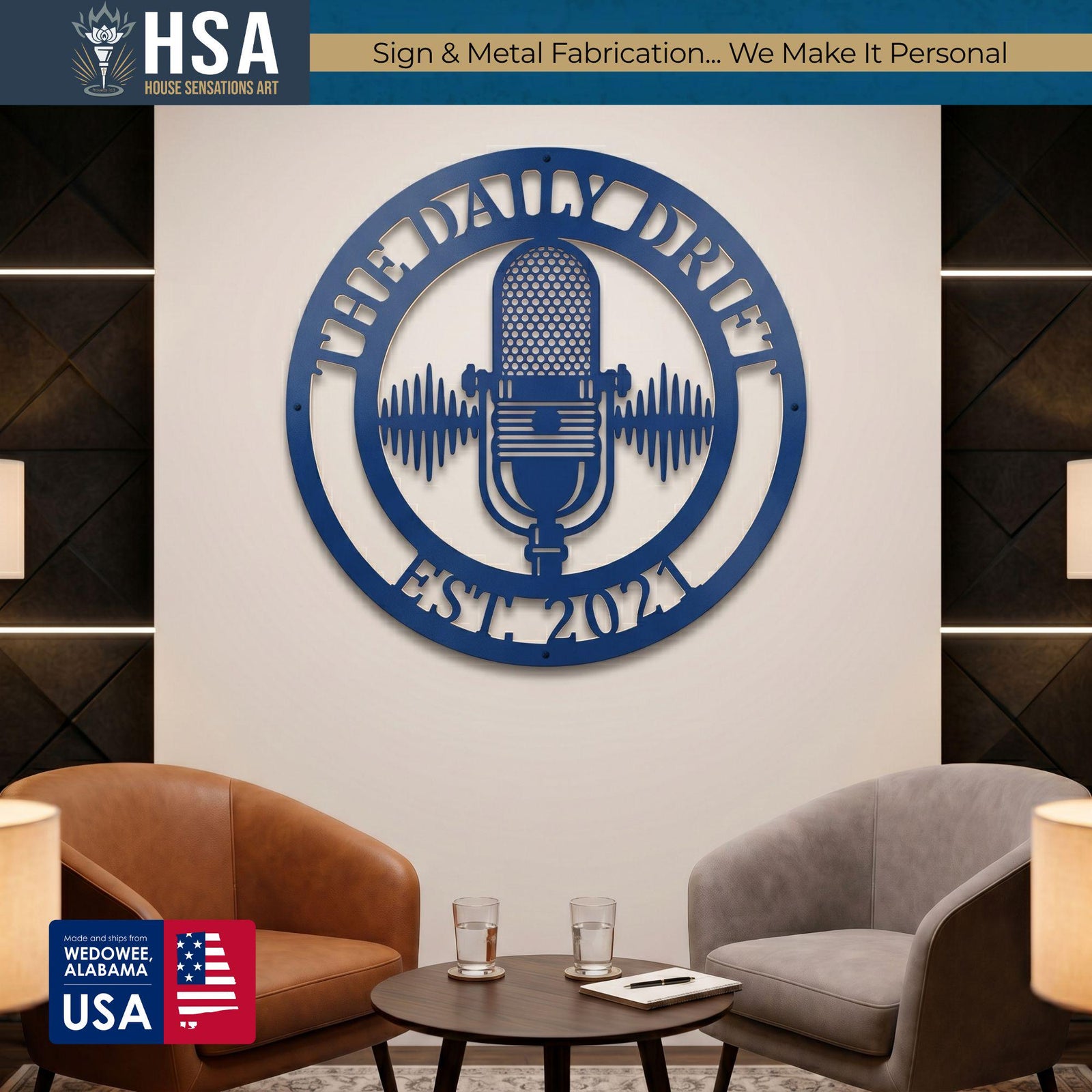 Blue circular metal sign featuring a podcast mic and waveform, THE DAILY DRIVE around edge for recording studio decor.