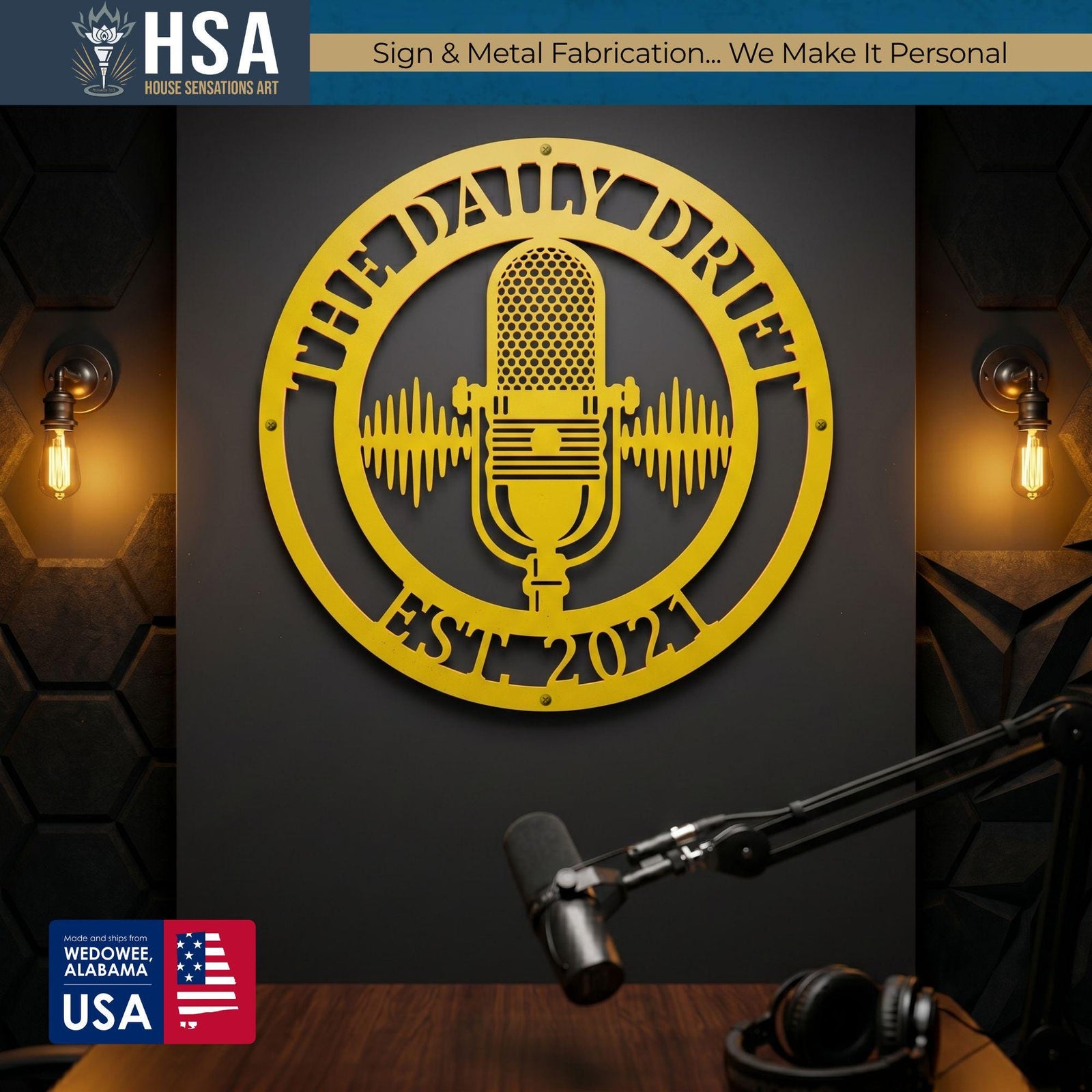 Gold personalized podcast mic metal wall art sign with circular ring and microphone silhouette for recording studio decor.