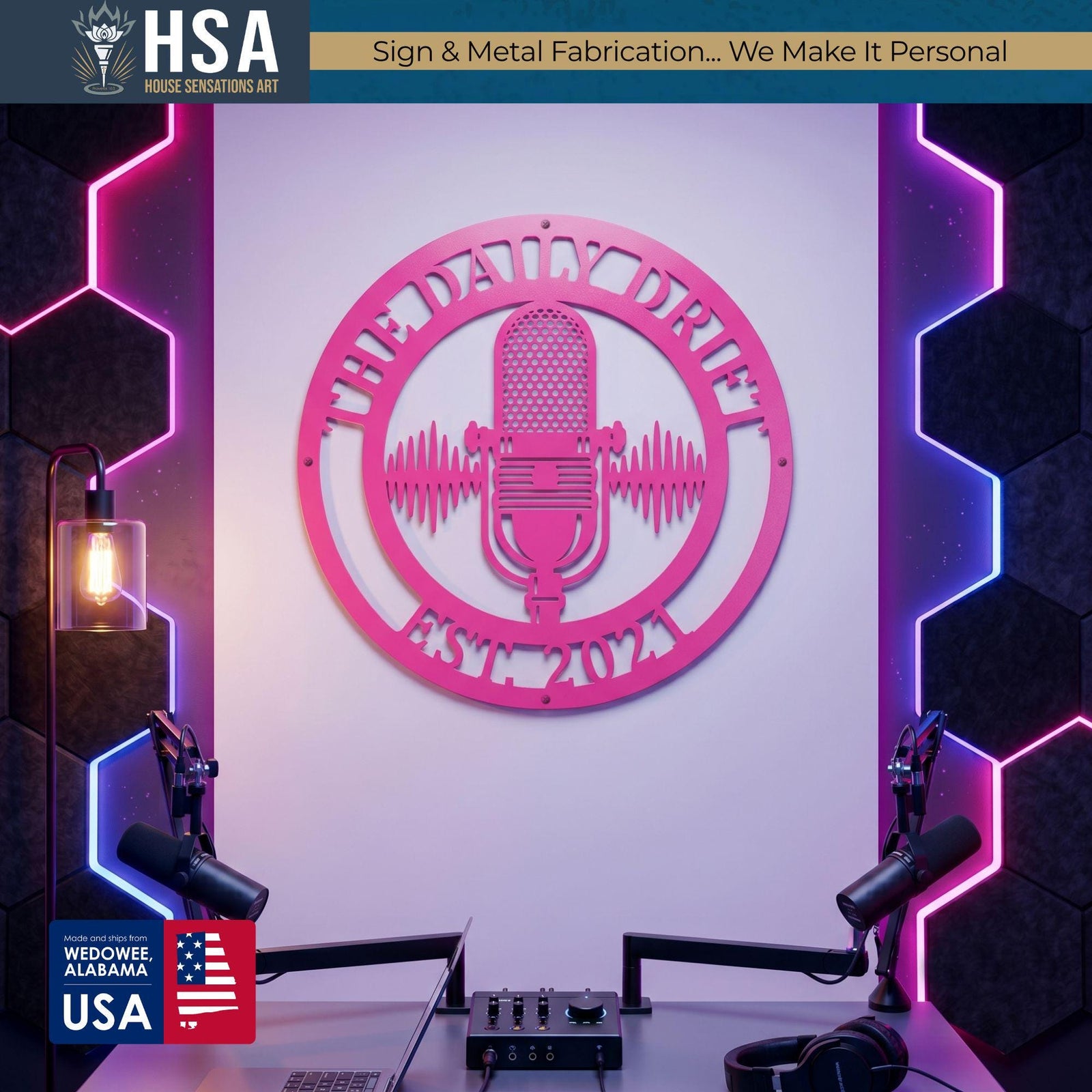 Personalized pink circular metal sign featuring a podcast mic and sound waves; metal wall art for studio decor.