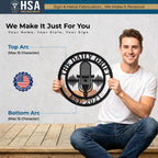 Circular personalized metal sign with a podcast mic silhouette, held by a man; ideal studio decor for content creators.