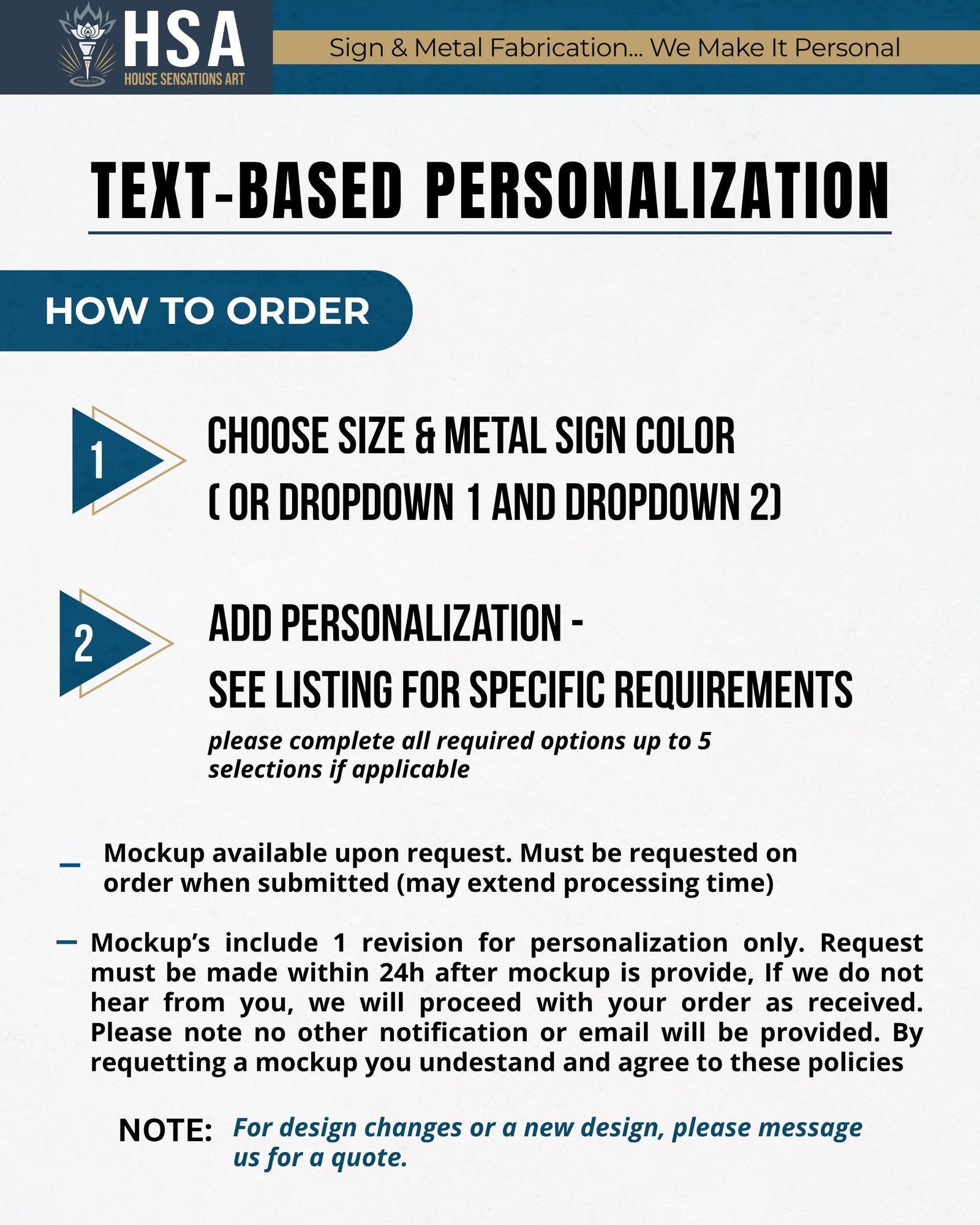 How-to-order graphic for a personalized metal sign showing two steps: choose the size and color, then enter personalization details. Includes mockup request information, revision policy, and a note to contact the seller for design changes.