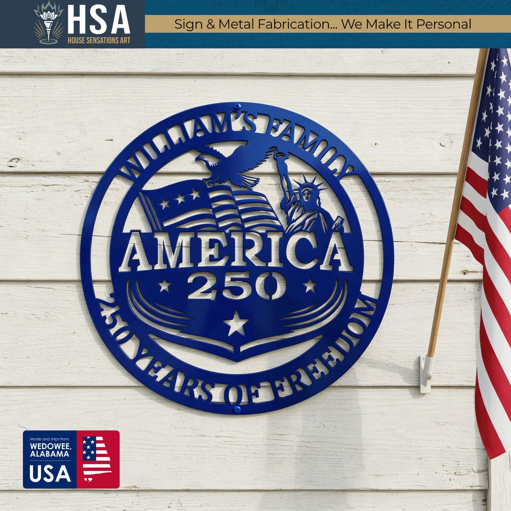 Personalized metal America 250 sign, blue circular patriotic art with AMERICA 250 and family name for porch decor, USA-made.