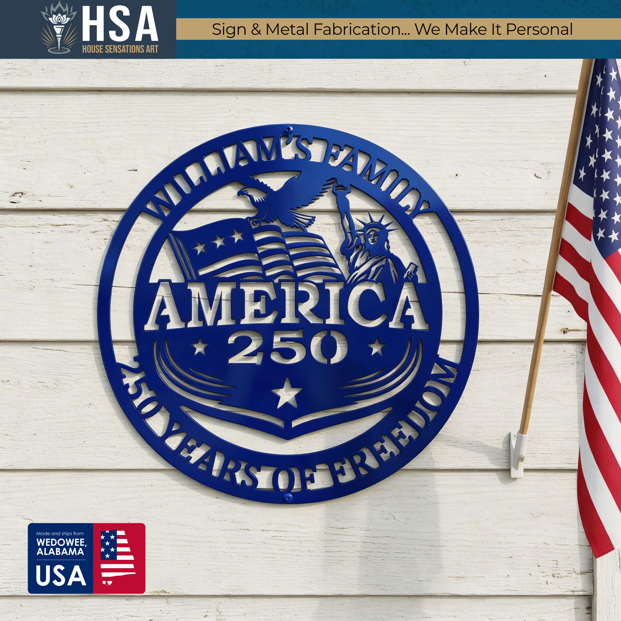 Personalized metal America 250 sign, blue circular patriotic art with AMERICA 250 and family name for porch decor, USA-made.