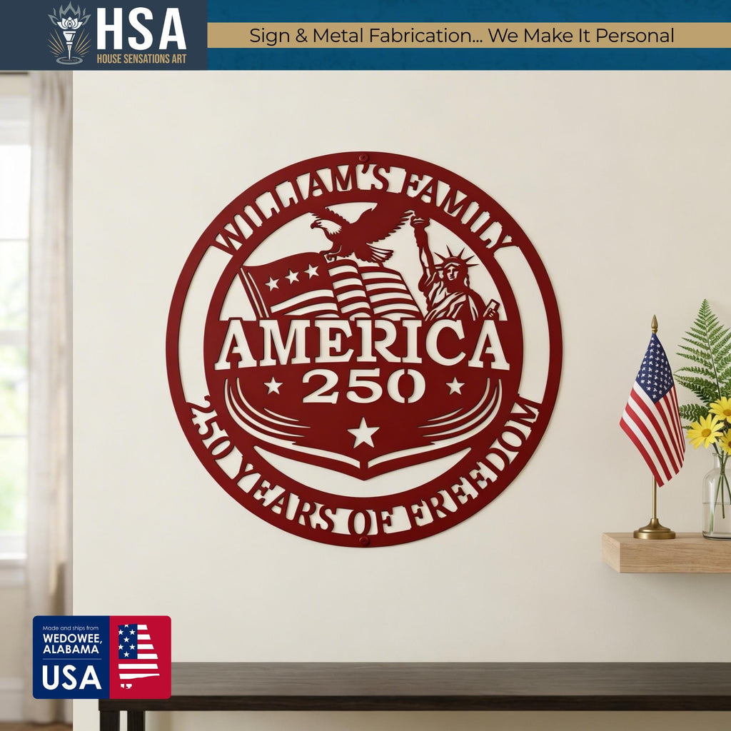 Personalized metal America 250 sign, red circular patriotic metal art with eagle and flag, for indoor/outdoor porch or wall.