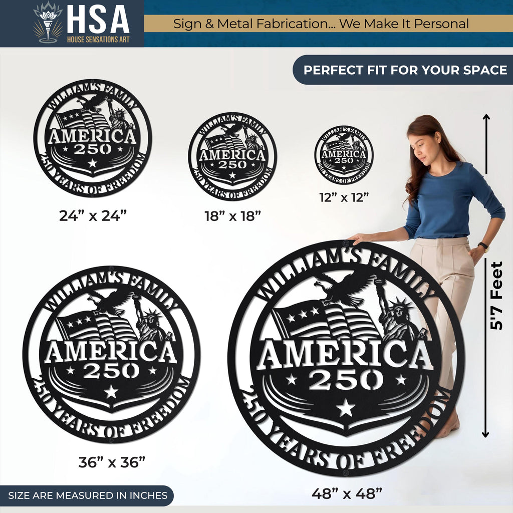 Personalized metal America 250 sign in circular black with eagle and flag, patriotic metal art, available in sizes for decor.