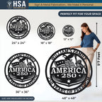 Personalized metal America 250 sign in circular black with eagle and flag, patriotic metal art, available in sizes for decor.