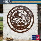 Personalized sign: round metal panel with cute barnyard animals for farmhouse wall art.