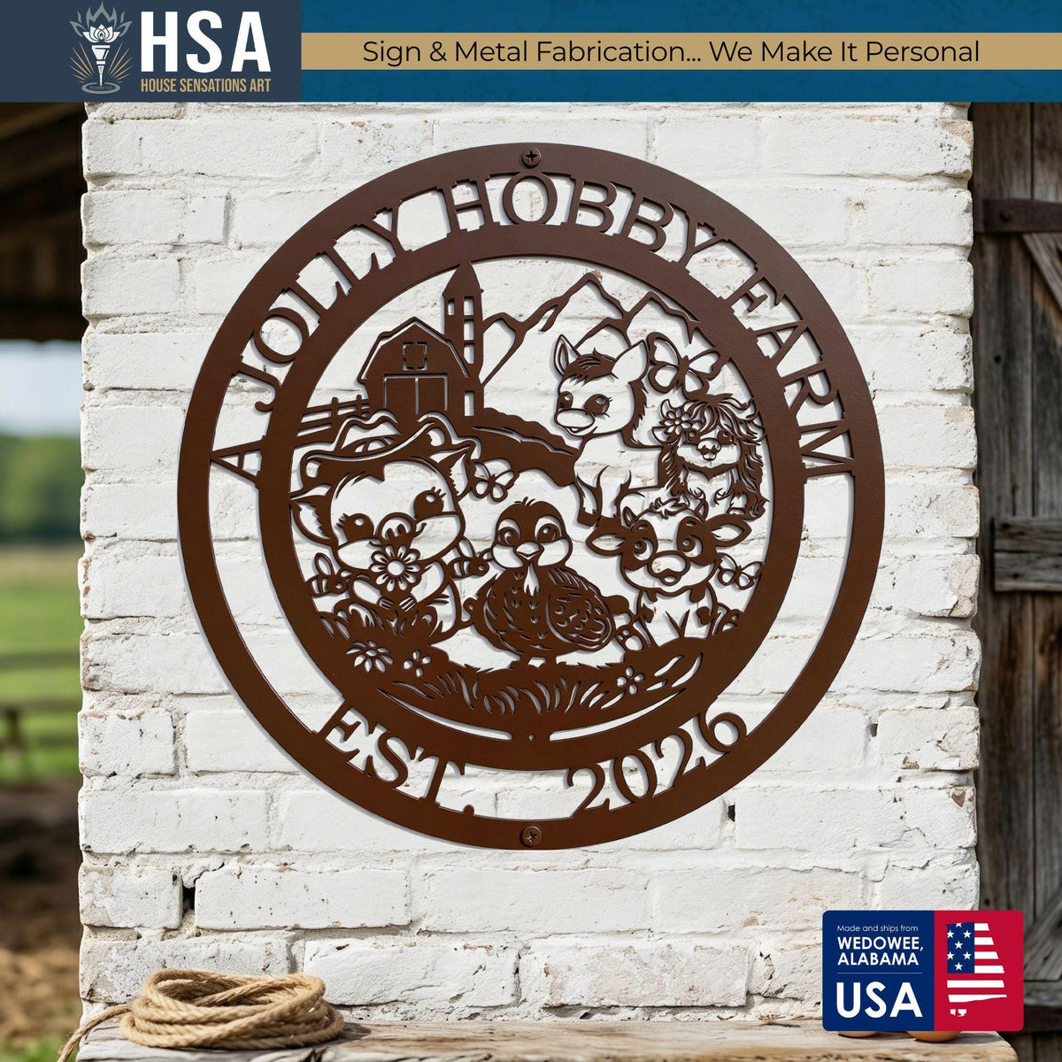 Personalized sign: round metal panel with cute barnyard animals for farmhouse wall art.