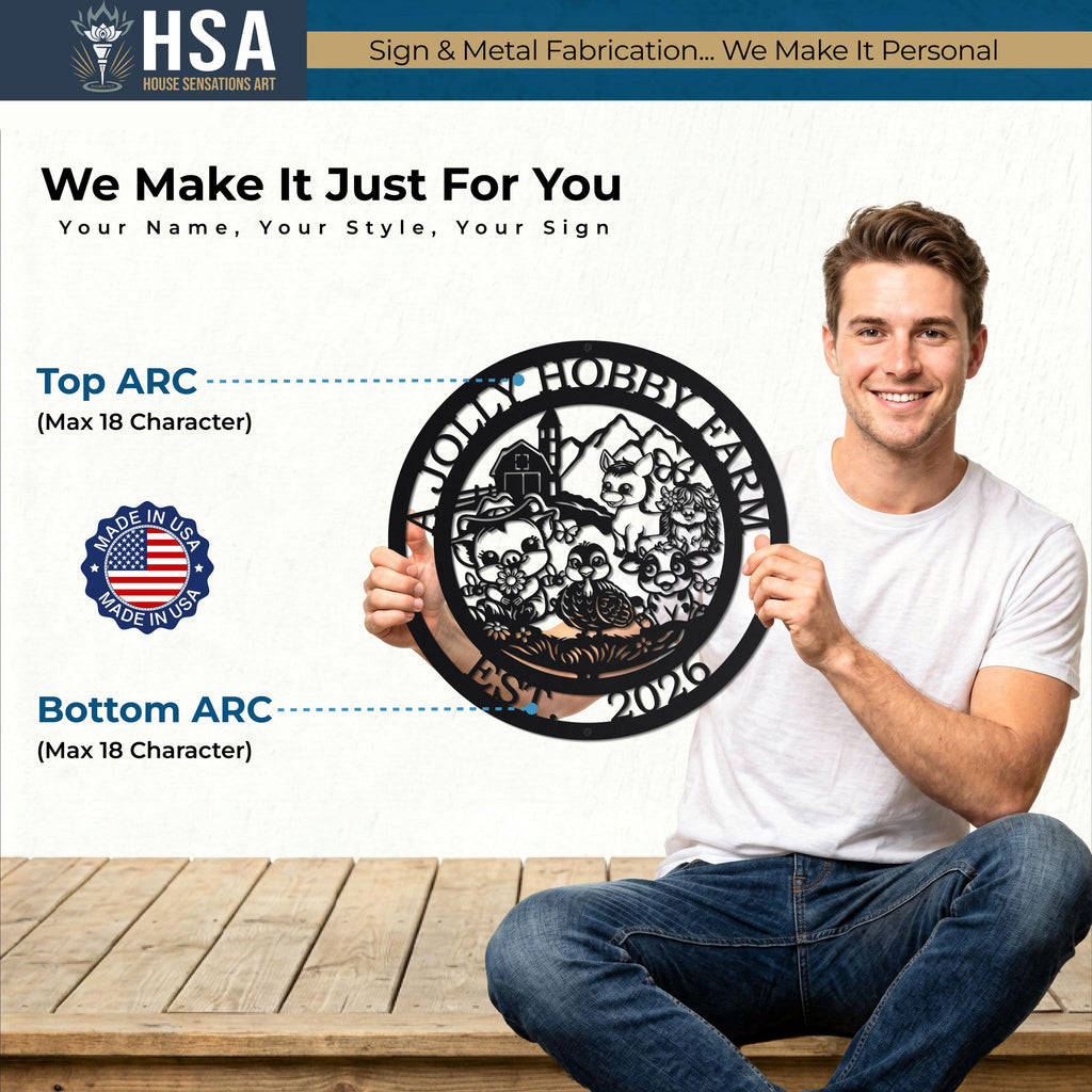 Personalized round farmhouse metal sign with cute barnyard animals, perfect for entryway decor, held by a smiling man.