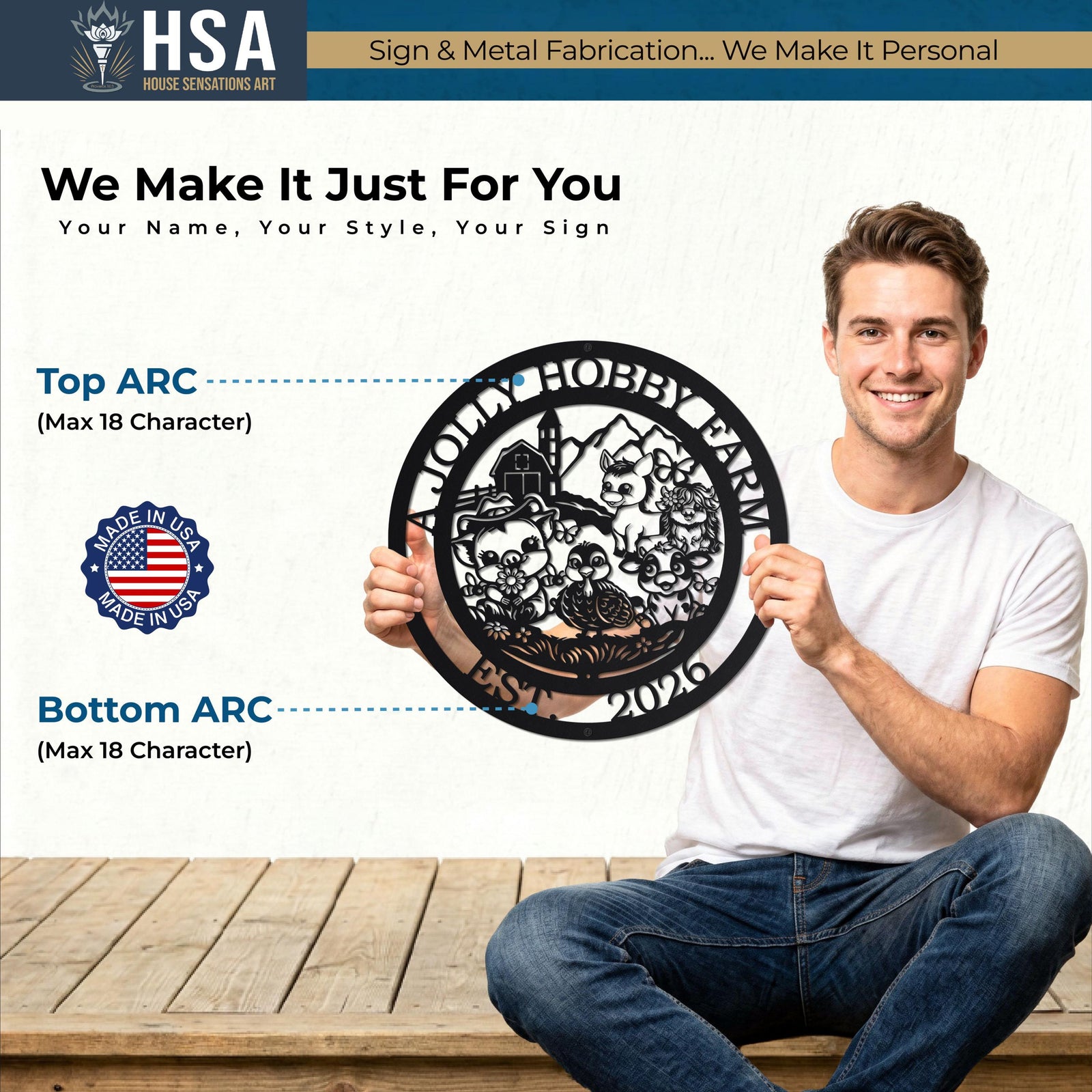 Personalized round farmhouse metal sign with cute barnyard animals, perfect for entryway decor, held by a smiling man.
