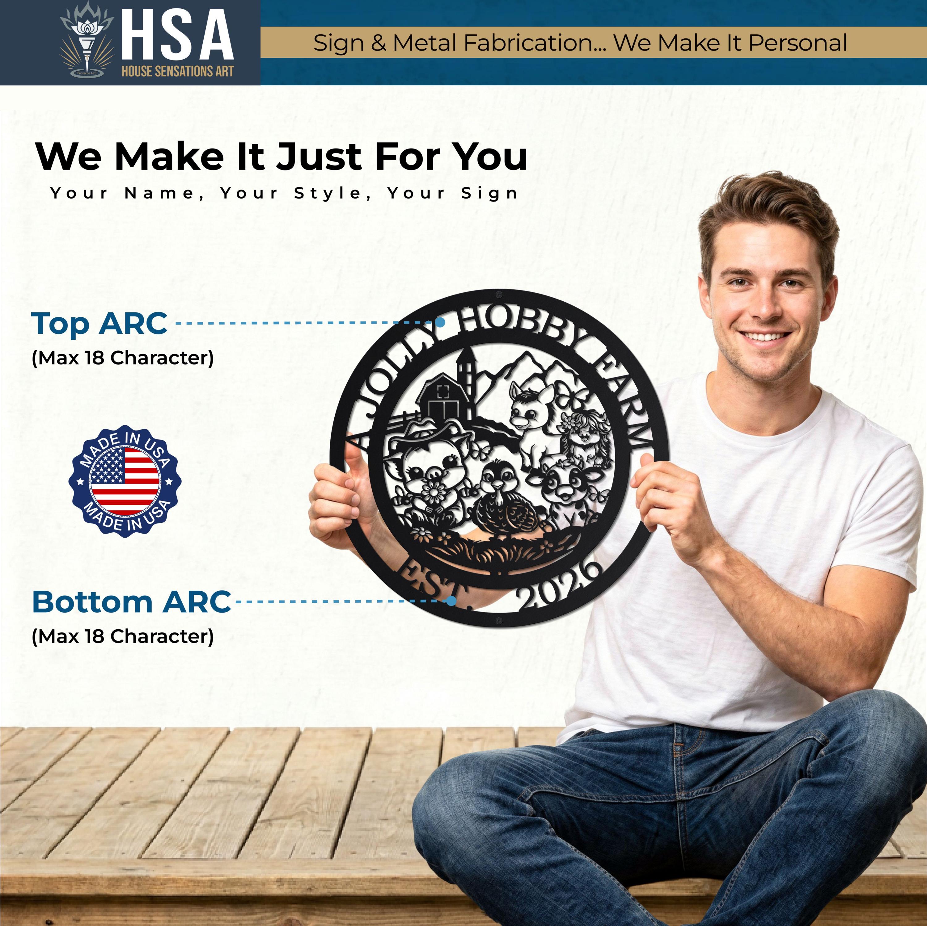 Personalized round farmhouse metal sign with cute barnyard animals, perfect for entryway decor, held by a smiling man.