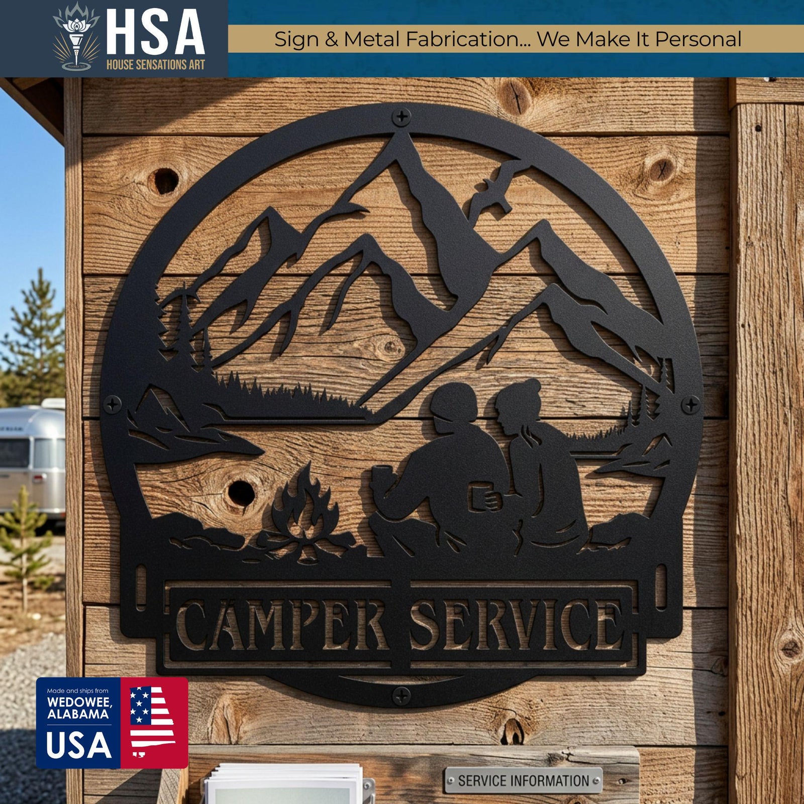 Personalized camper metal name sign, circular black frame with camping couple by a campfire, mountains and trees, RV decor.