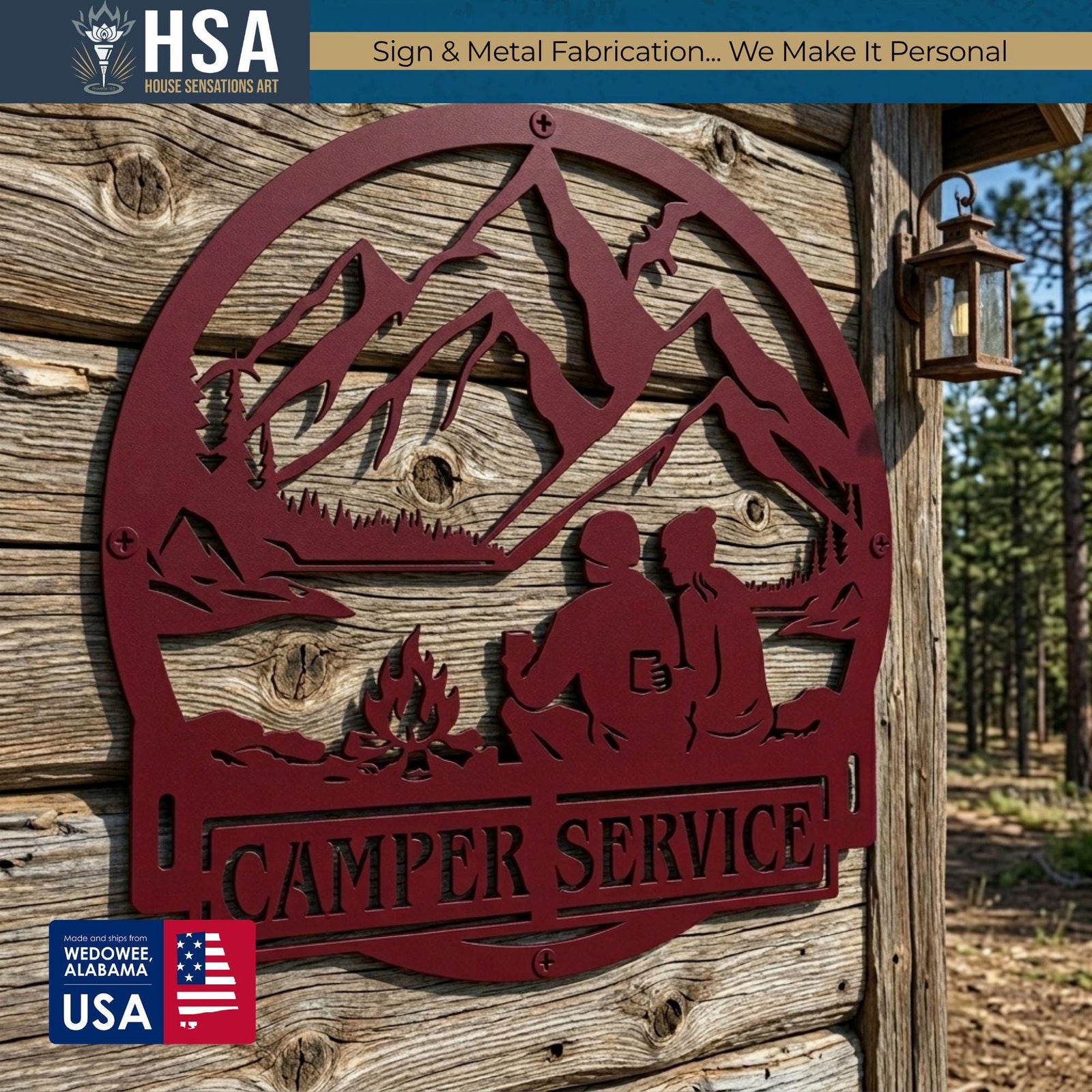 Personalized metal camper sign showing a camping couple by a campfire with mountains and a CAMPER SERVICE banner in burgundy.