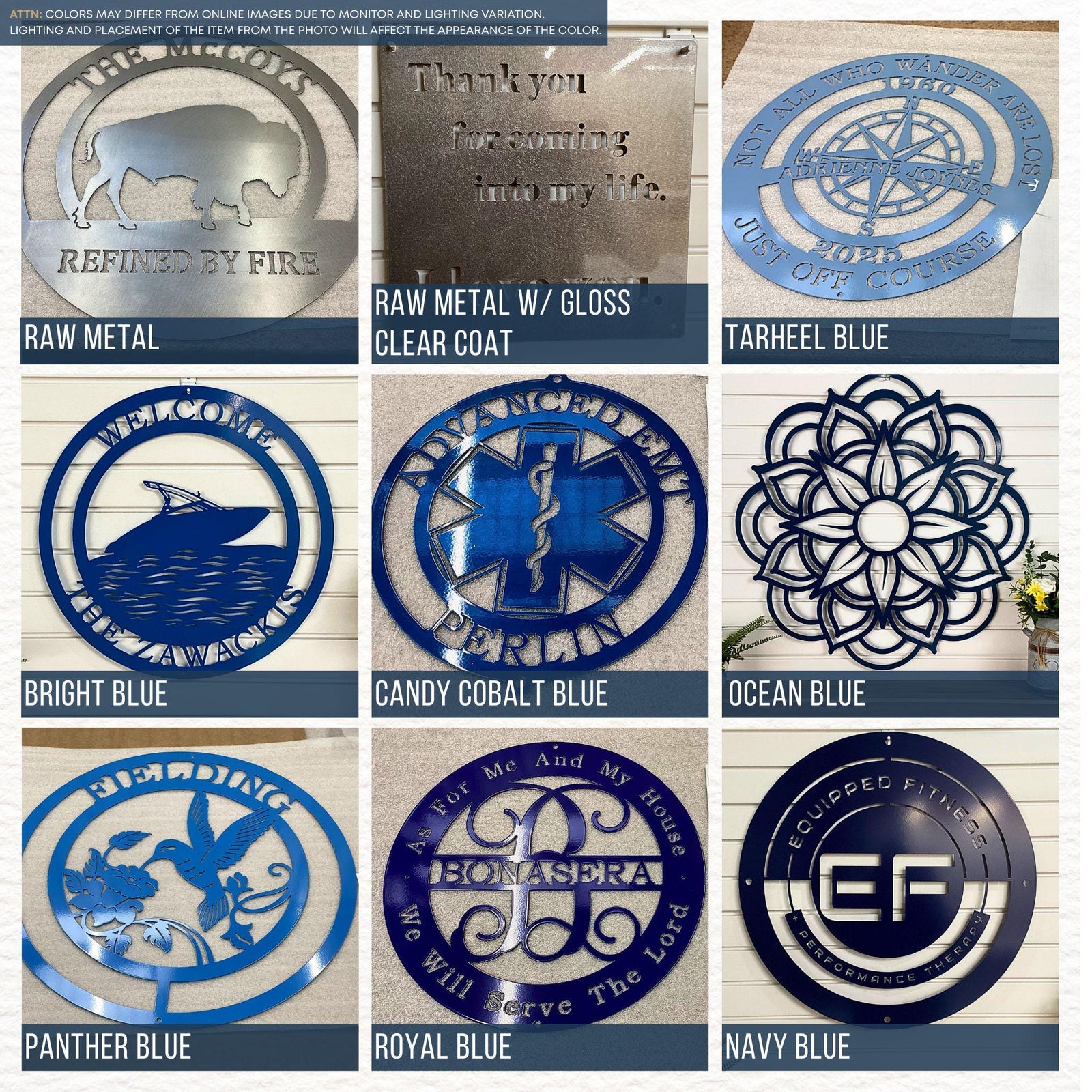 9-panel color sample chart displaying different finishes and shades for custom metal signs. Top row shows Raw Metal with a buffalo design, Raw Metal with Gloss Clear Coat featuring a quote, and Tarheel Blue compass-themed sign. Middle row includes Bright Blue boat sign, Candy Cobalt Blue emergency medical emblem, and Ocean Blue floral mandala design. Bottom row features Panther Blue hummingbird sign, Royal Blue monogram sign, and Navy Blue circular ‘EF’ logo sign