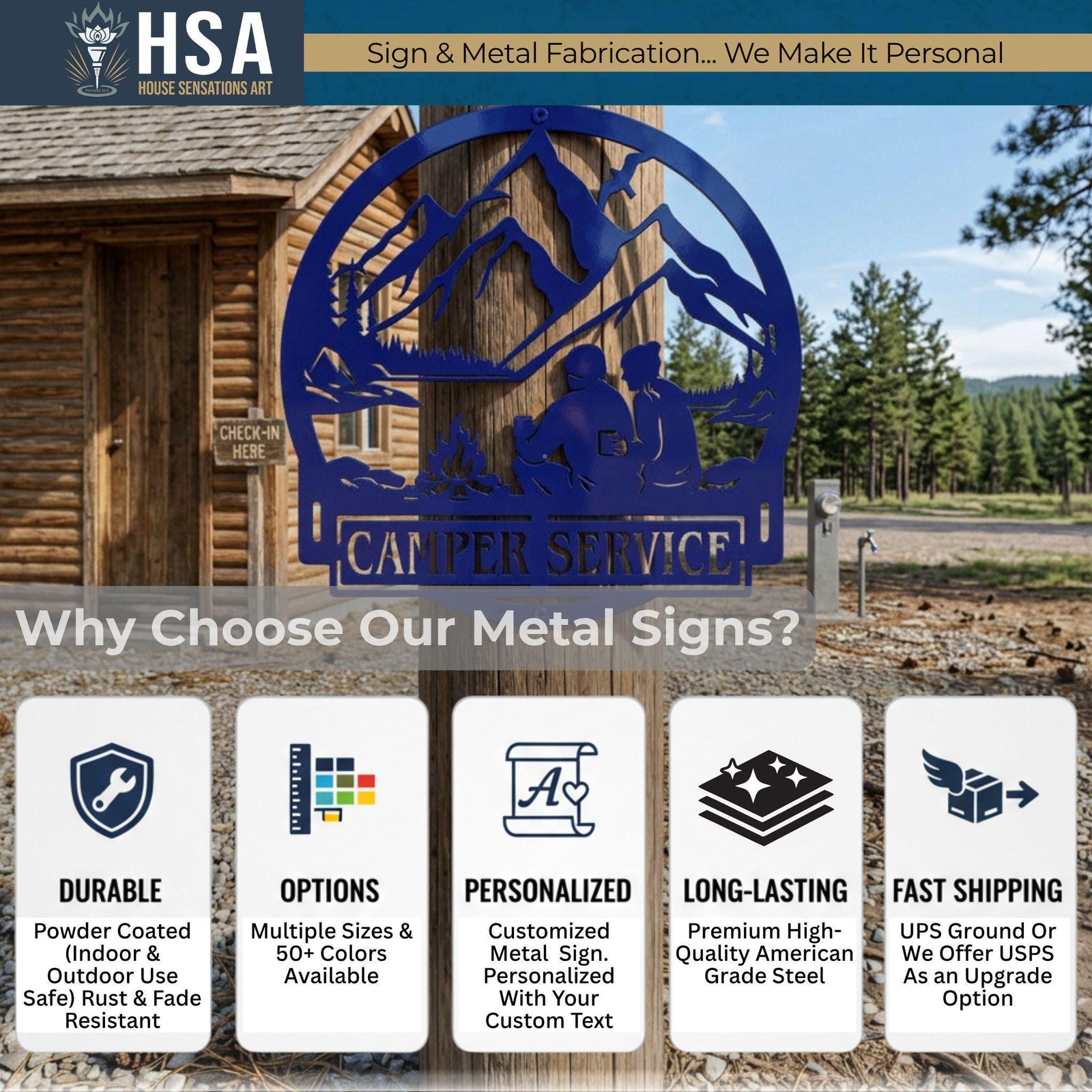 Why Choose Our Metal Signs? Our signs are Durable, featuring a powder-coated finish for indoor and outdoor use that is rust and fade resistant. We offer numerous Options with multiple sizes and over 50 colors available. Each piece is Personalized, allowing for a customized metal sign with your own custom text. They are Long-Lasting and crafted from premium high-quality American grade steel. Finally, we provide Fast Shipping via UPS Ground, with USPS available as an upgrade option.