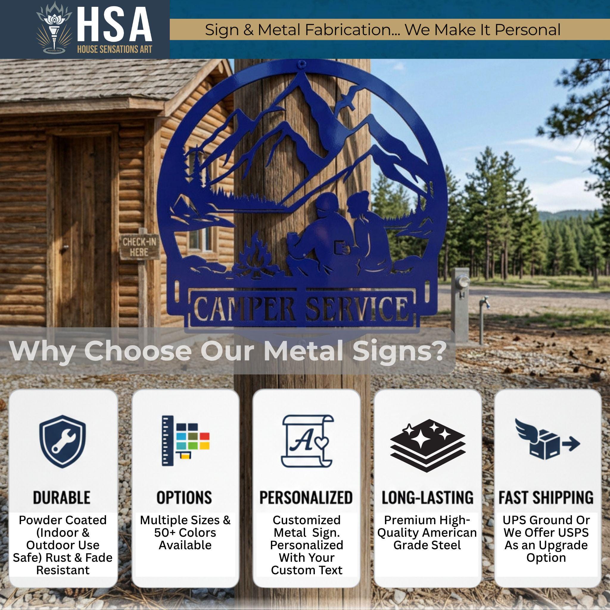 Why Choose Our Metal Signs? Our signs are Durable, featuring a powder-coated finish for indoor and outdoor use that is rust and fade resistant. We offer numerous Options with multiple sizes and over 50 colors available. Each piece is Personalized, allowing for a customized metal sign with your own custom text. They are Long-Lasting and crafted from premium high-quality American grade steel. Finally, we provide Fast Shipping via UPS Ground, with USPS available as an upgrade option.