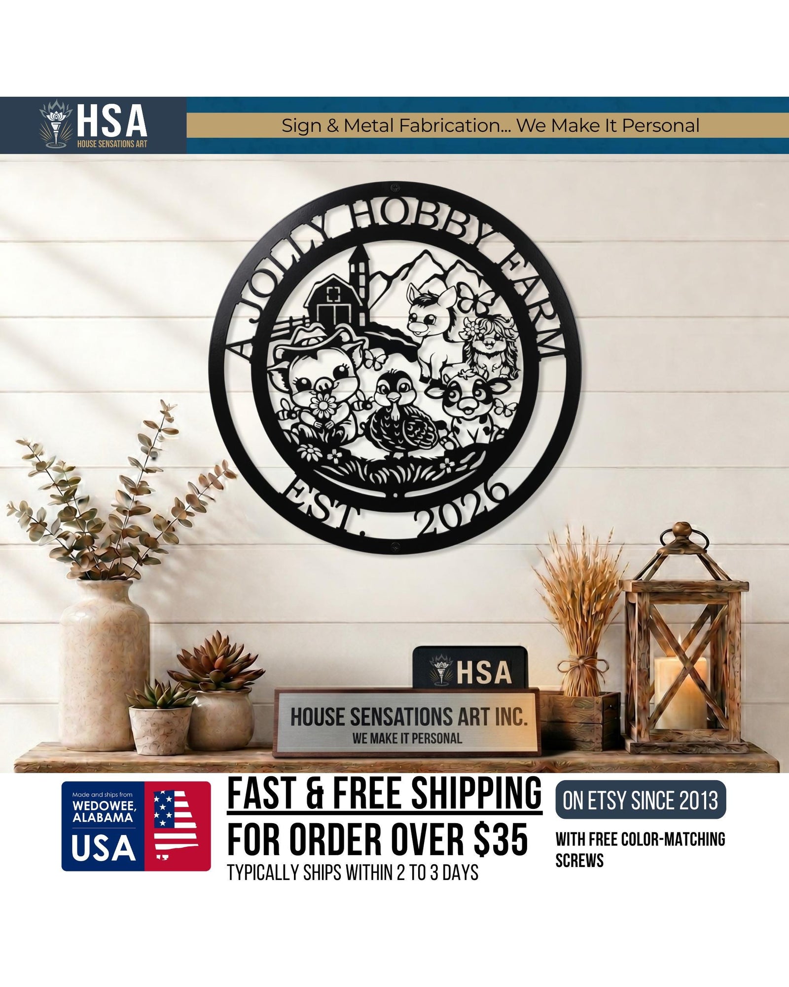 Personalized circular black farmhouse metal sign featuring cute farm animals for indoor/outdoor wall art.