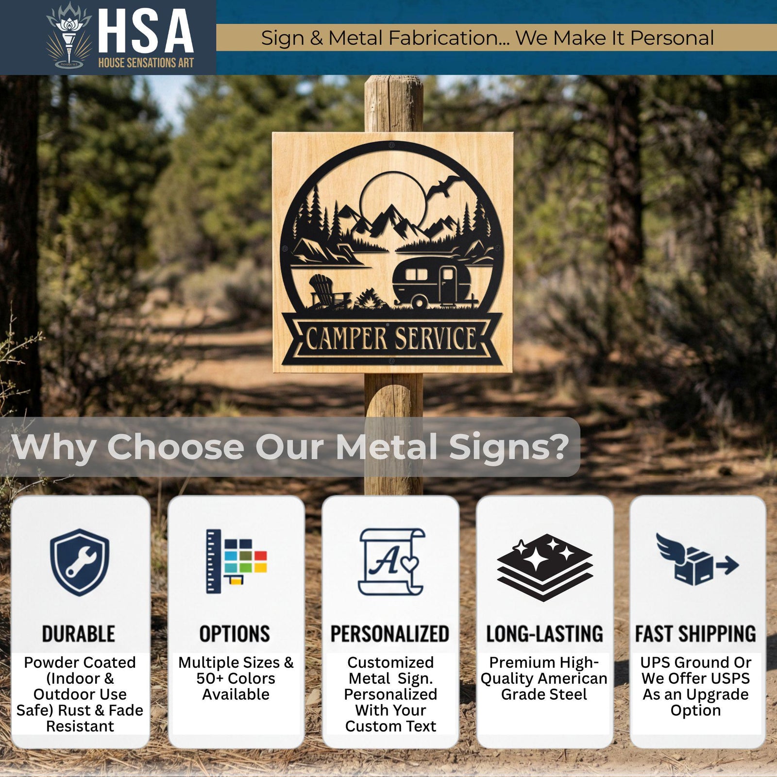 Why Choose Our Metal Signs? Our signs are Durable, featuring a powder-coated finish for indoor and outdoor use that is rust and fade resistant. We offer numerous Options with multiple sizes and over 50 colors available. Each piece is Personalized, allowing for a customized metal sign with your own custom text. They are Long-Lasting and crafted from premium high-quality American grade steel. Finally, we provide Fast Shipping via UPS Ground, with USPS available as an upgrade option.