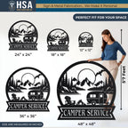 Personalized campsite metal sign with camper and mountain scene; circular and square shapes up to 48x48, camper name sign.