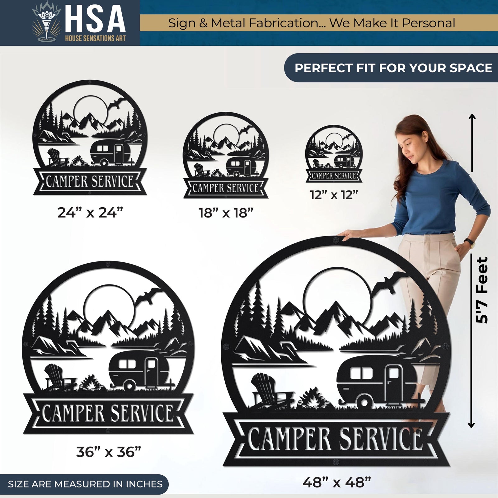 Personalized campsite metal sign with camper and mountain scene; circular and square shapes up to 48x48, camper name sign.