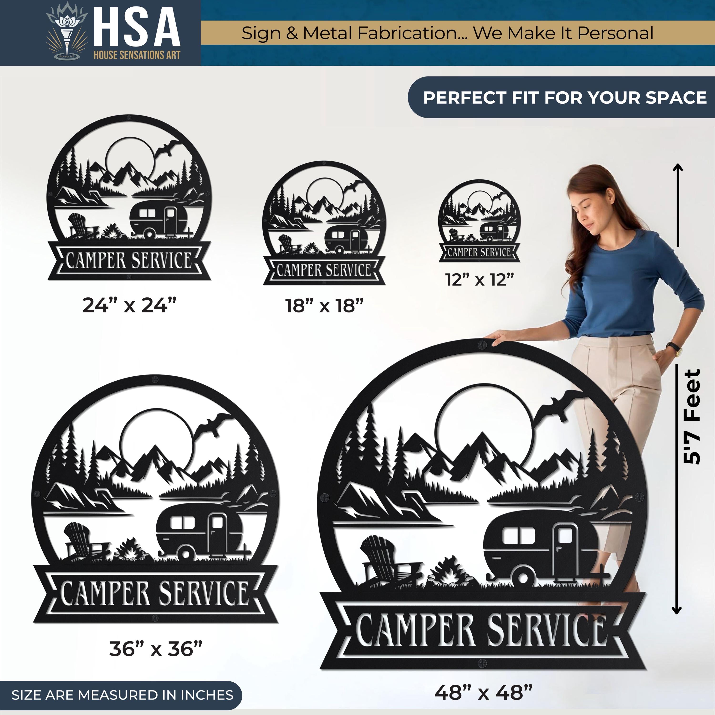 Personalized campsite metal sign with camper and mountain scene; circular and square shapes up to 48x48, camper name sign.