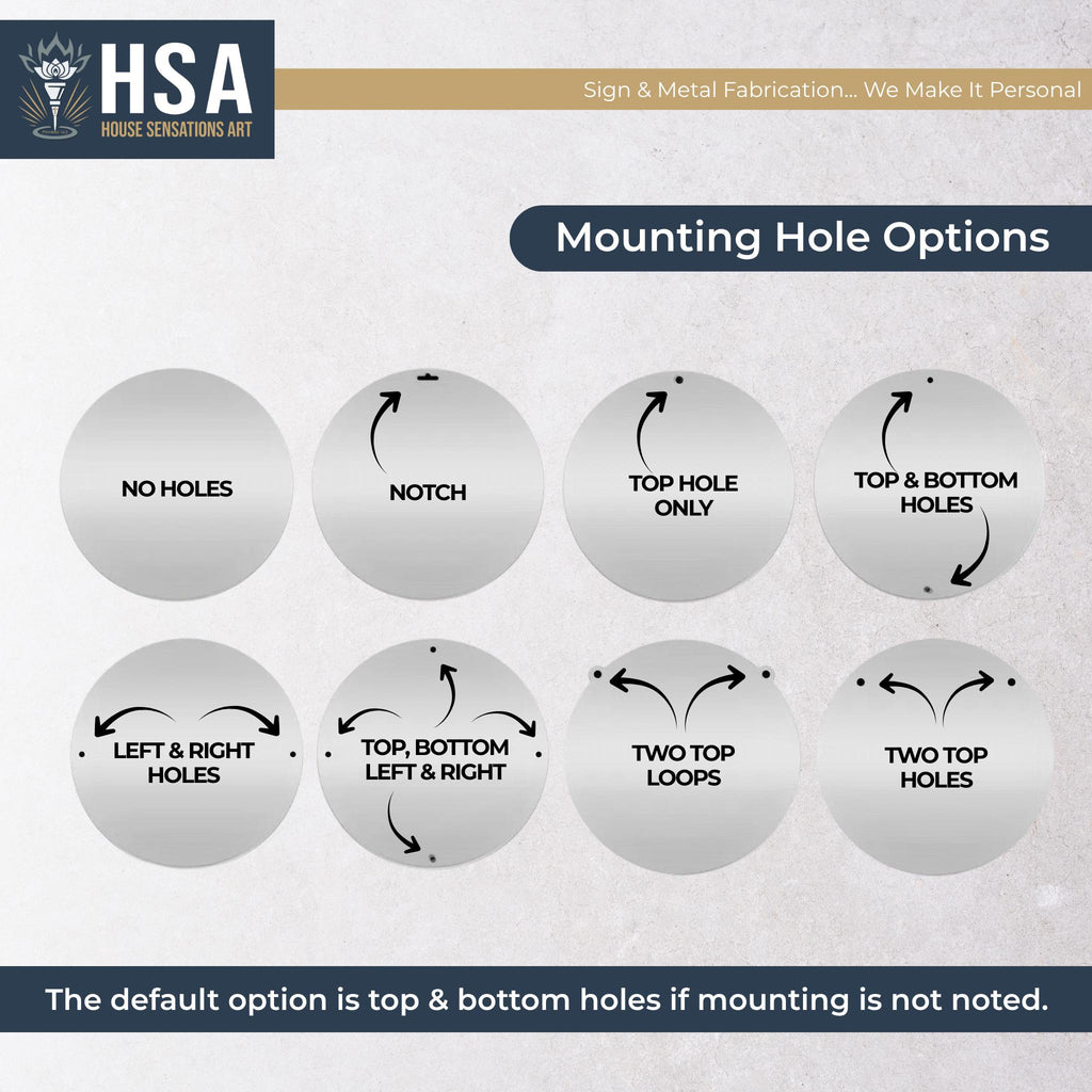 the mounting hole options for the custom metal signs include: No Holes, Notch, Top Hole Only, Top & Bottom Holes, Left & Right Holes, Top, Bottom Left & Right, Two Top Loops, and Two Top Holes. The default selection is top & bottom holes if a specific mounting preference is not noted.