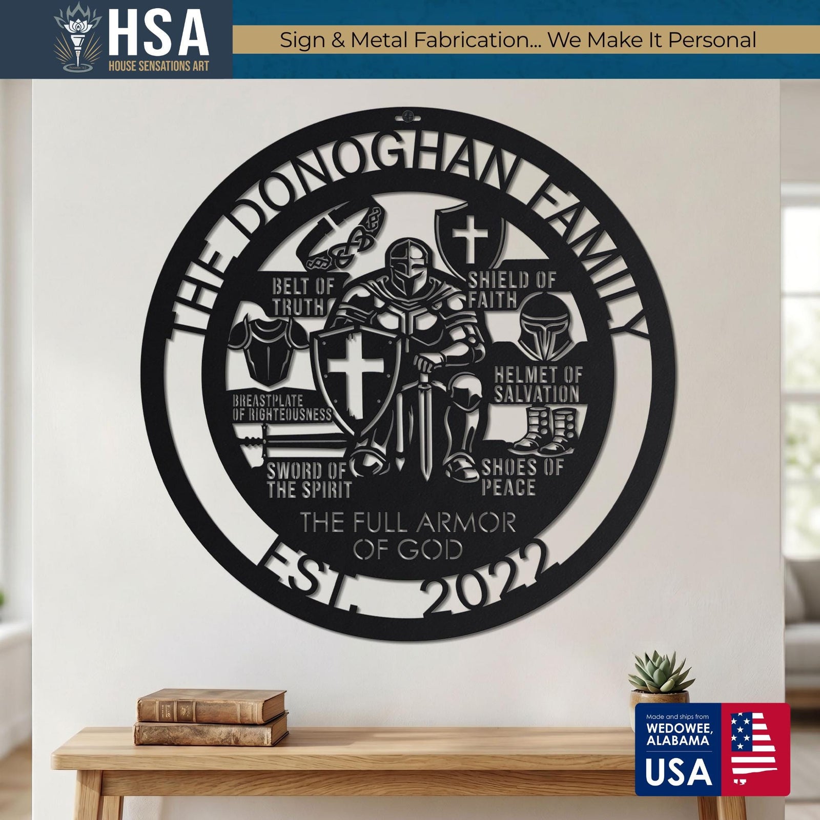 Round black metal wall art depicting The Full Armor of God with labeled pieces; personalized family name sign.