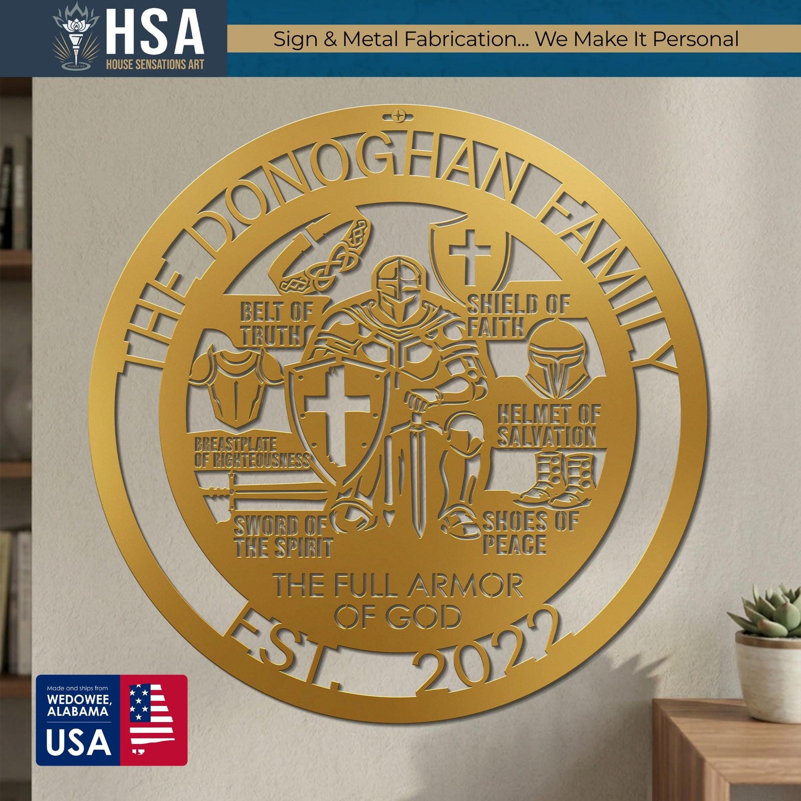 Round gold metal sign with Armor of God motif and family name; personalized Christian wall art for entryway.