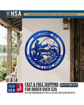 Personalized blue circular metal sign featuring a fisherman casting, ideal as an indoor outdoor sign for lake house decor.