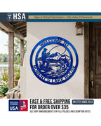Personalized blue circular metal sign featuring a fisherman casting, ideal as an indoor outdoor sign for lake house decor.