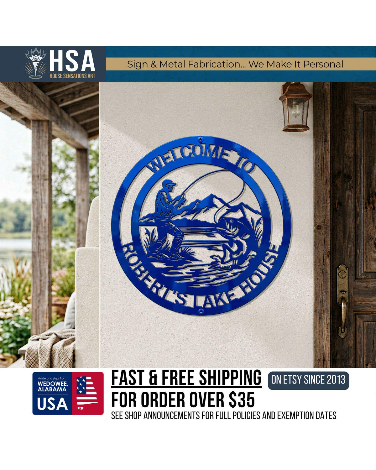 Personalized blue circular metal sign featuring a fisherman casting, ideal as an indoor outdoor sign for lake house decor.