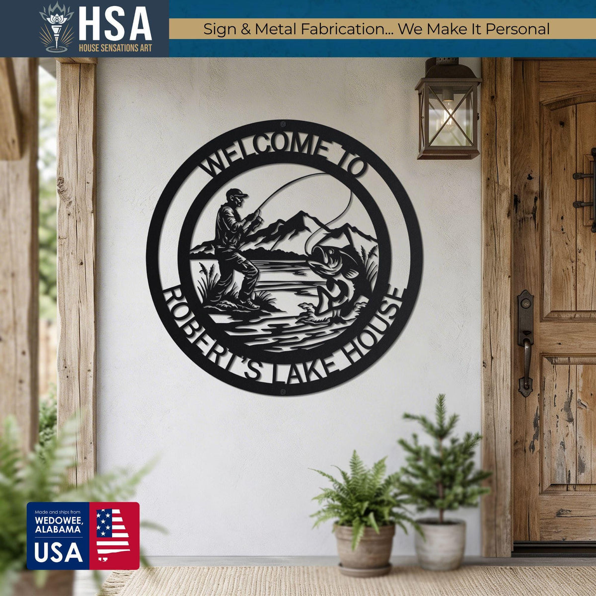 Personalized round black metal sign: fisherman casting by mountains for lake house entryway decor.