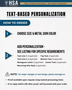 Text-based personalization infographic for a personalized outdoor sign; shows order steps and customization options.