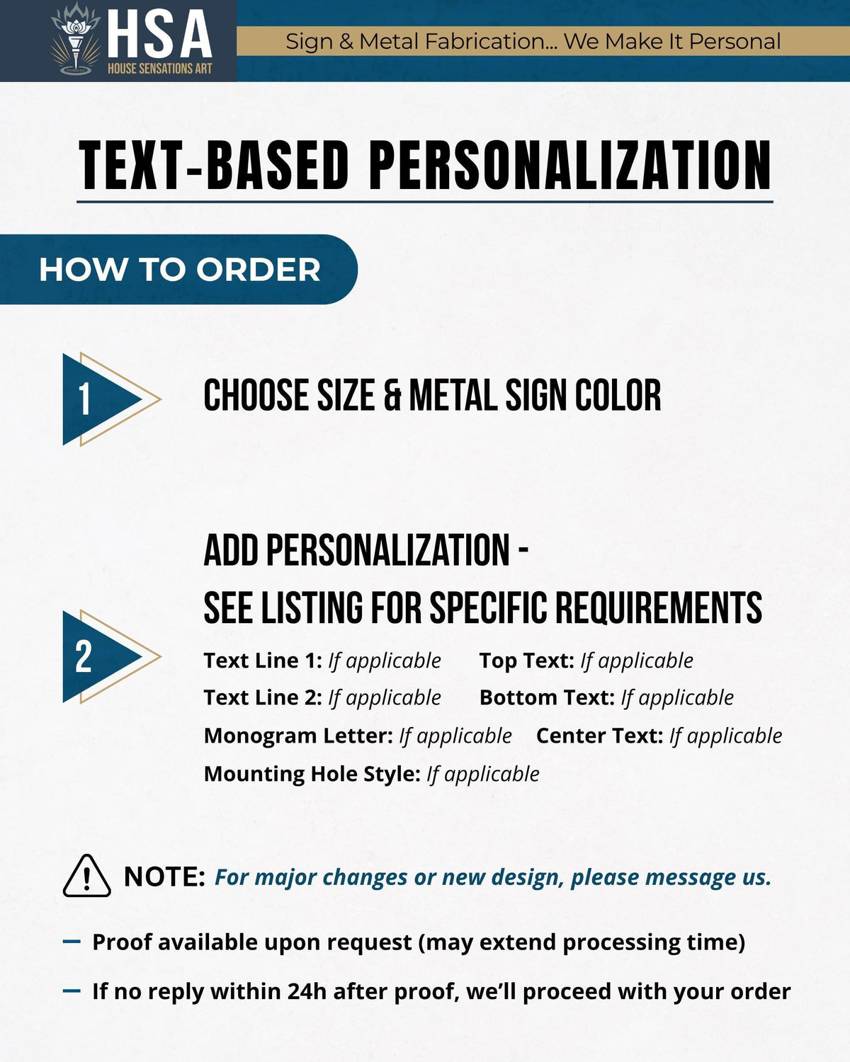 Text-based personalization infographic for a personalized outdoor sign; shows order steps and customization options.