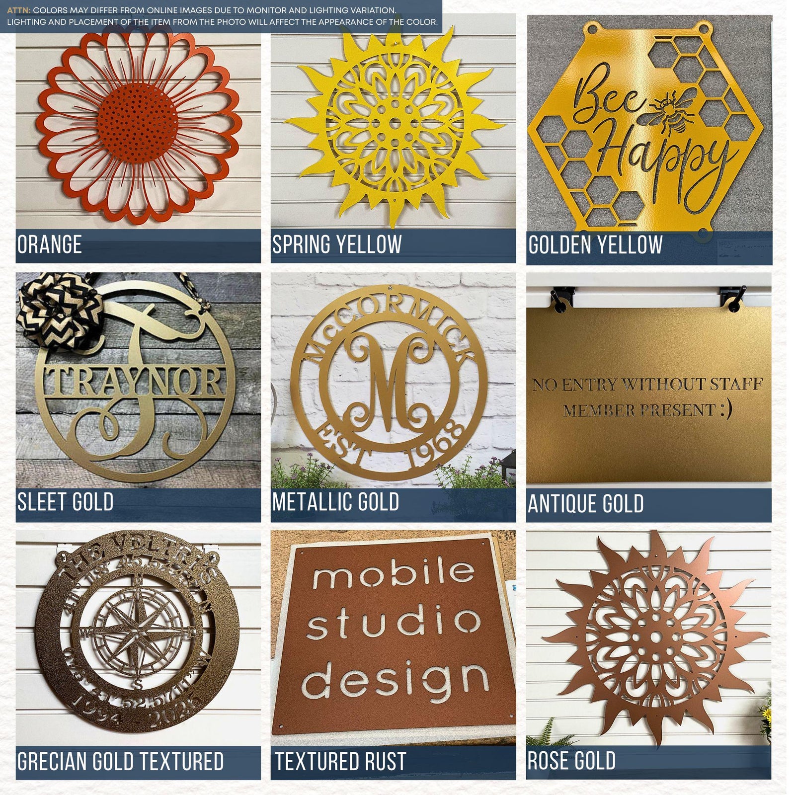 A 3x3 grid showcasing custom metal signs available in these colors: Orange, Spring Yellow, Golden Yellow, Sleet Gold, Metallic Gold, Antique Gold, Grecian Gold Textured, Textured Rust, and Rose Gold