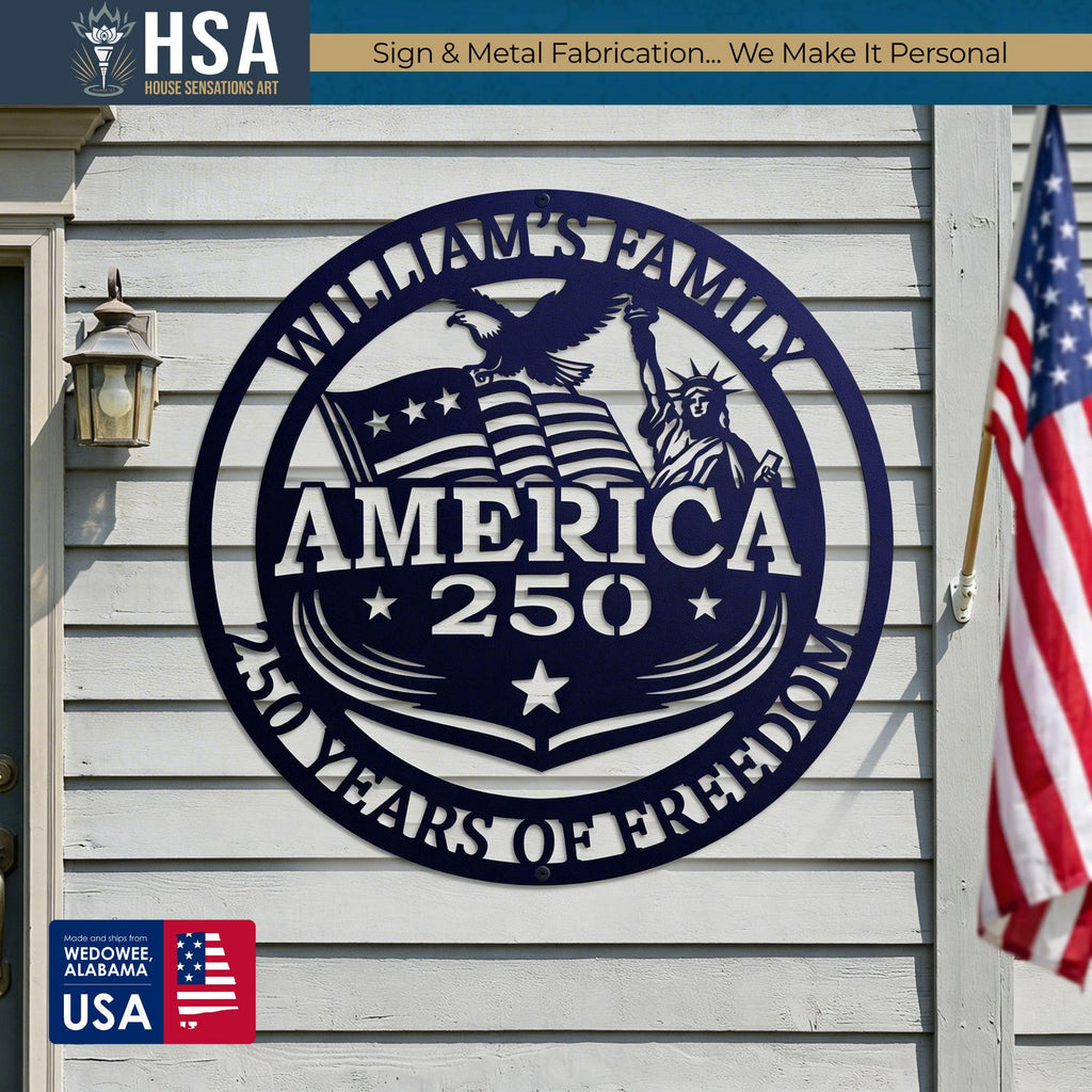 Personalized circular patriotic metal art sign, America 250, with eagle and flag, mounted on a patriotic home porch.