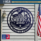 Personalized circular patriotic metal art sign, America 250, with eagle and flag, mounted on a patriotic home porch.