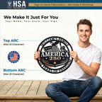 Personalized circular patriotic metal America 250 sign with stars and stripes, held by a man in a white shirt.