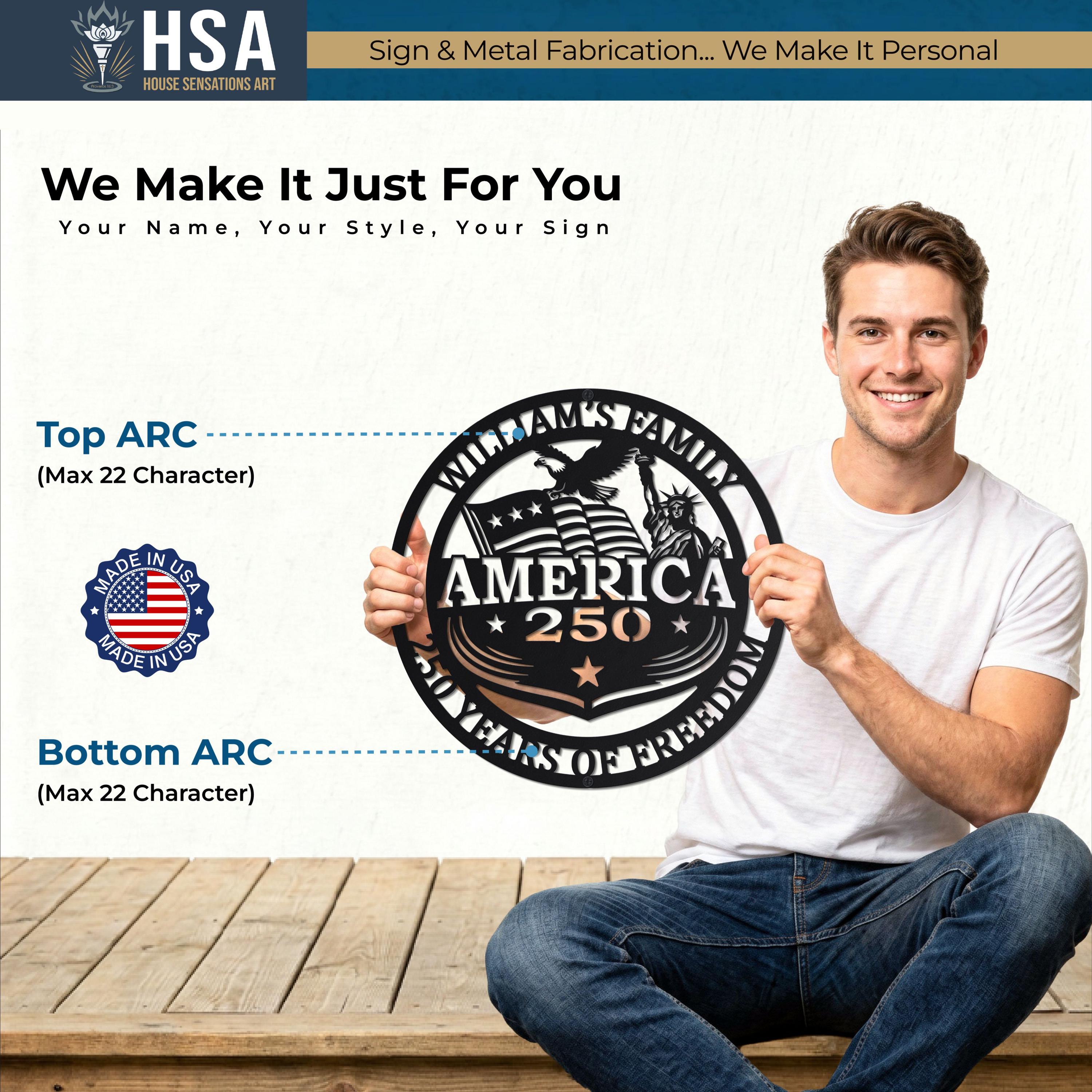 Personalized circular patriotic metal America 250 sign with stars and stripes, held by a man in a white shirt.
