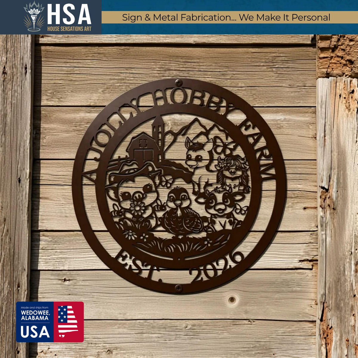 Personalized round metal sign with a cute farm animals scene (barnyard animals and barn) on rustic wood backdrop, ideal farmhouse wall art.