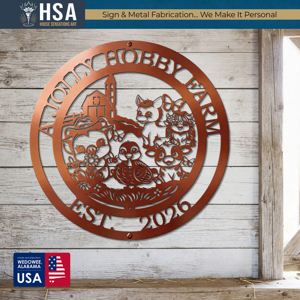 Round copper-toned farmhouse metal sign with personalized farm animals cutouts in a barnyard scene, perfect decor.