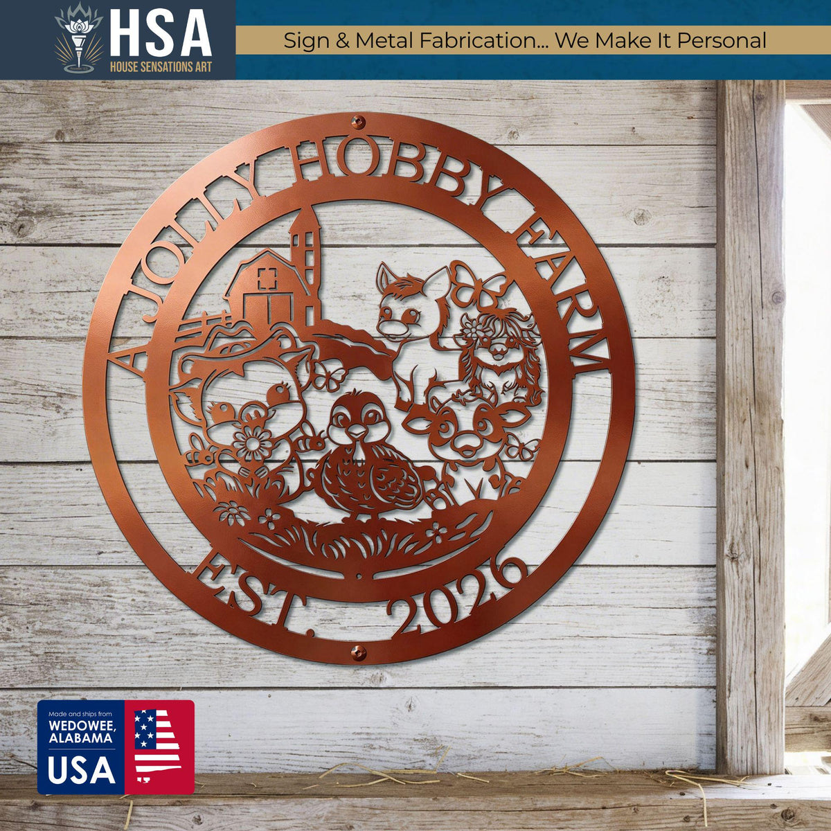 Round copper-toned farmhouse metal sign with personalized farm animals cutouts in a barnyard scene, perfect decor.