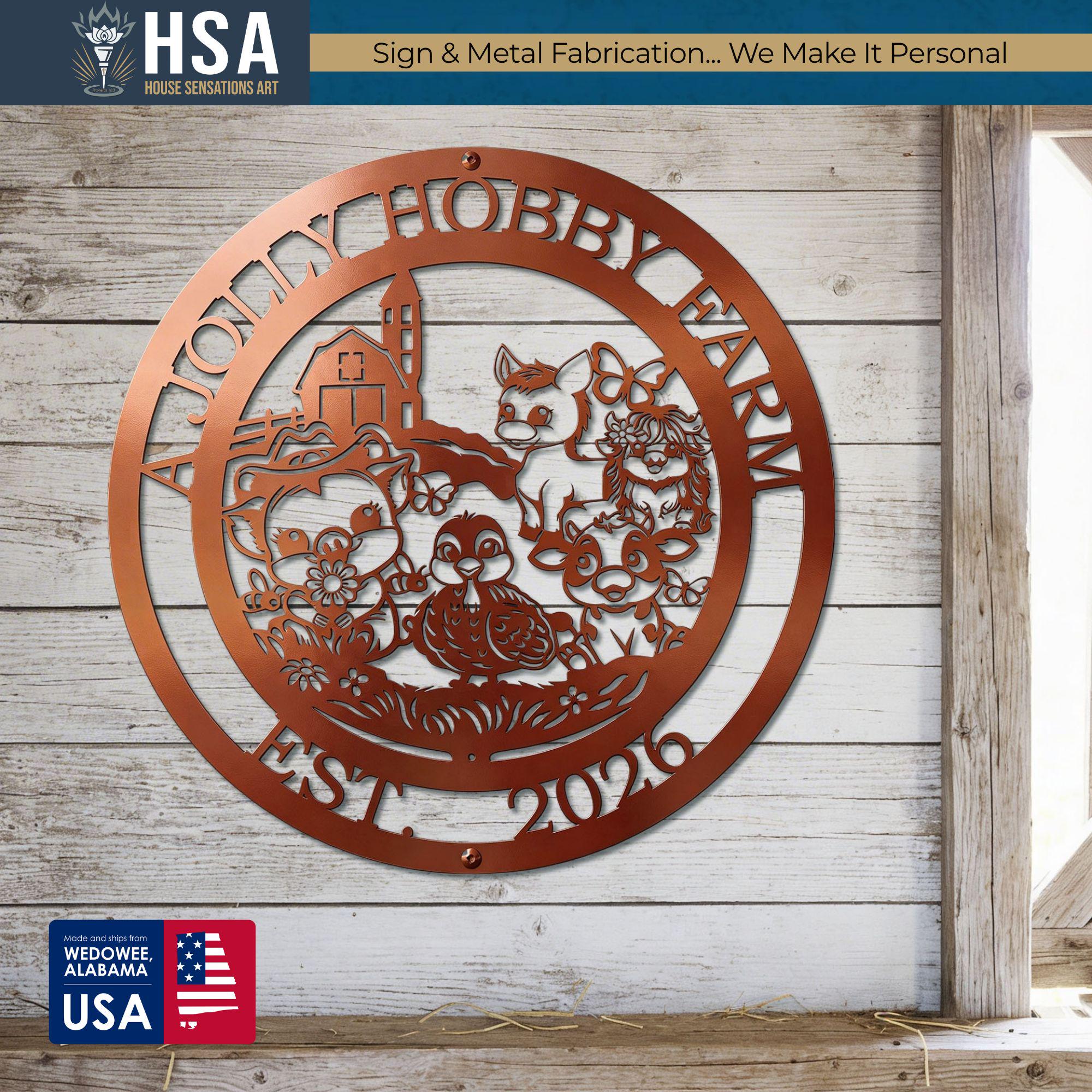 Round copper-toned farmhouse metal sign with personalized farm animals cutouts in a barnyard scene, perfect decor.