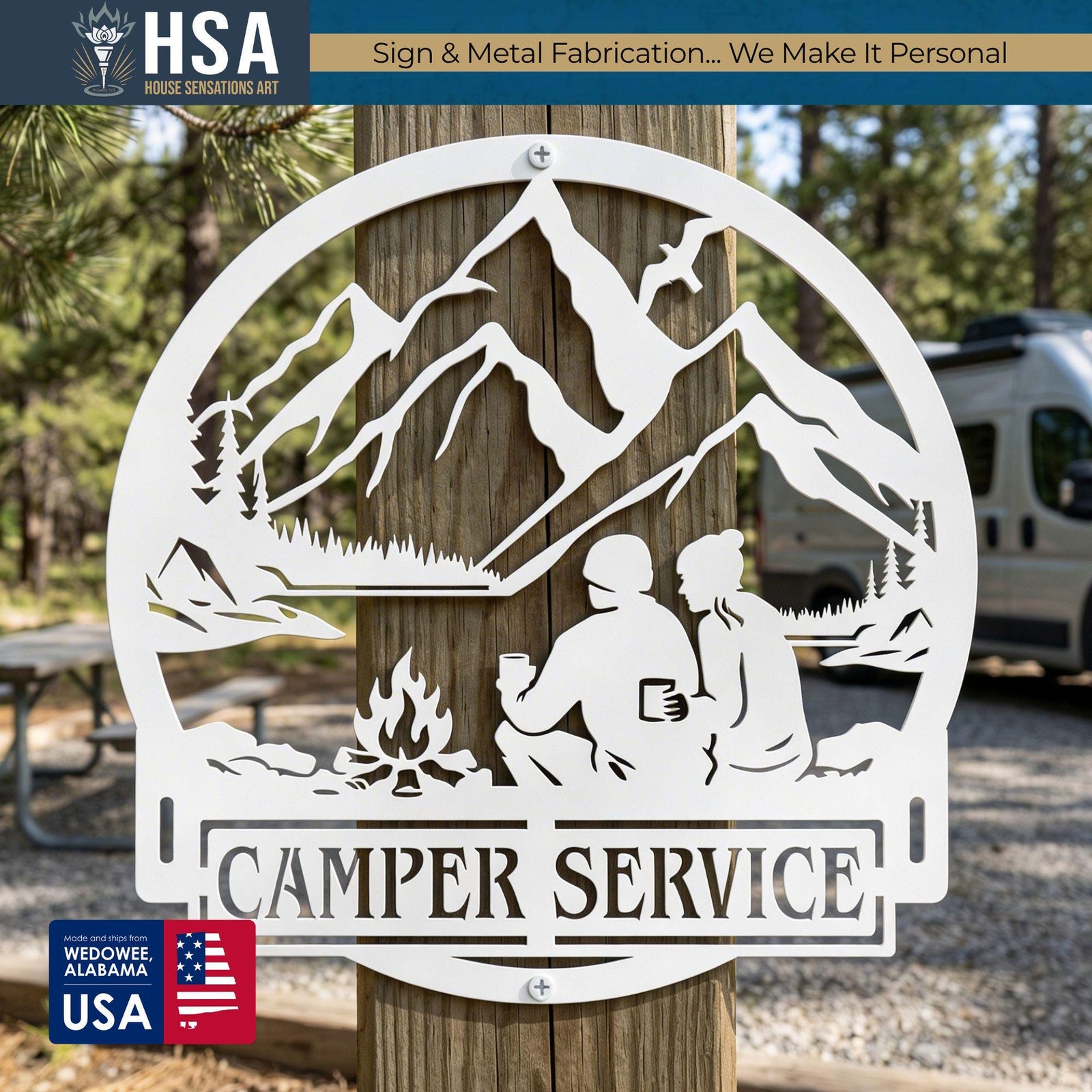 Personalized circular metal camper name sign with mountains, trees, campfire, and a camping couple silhouette.