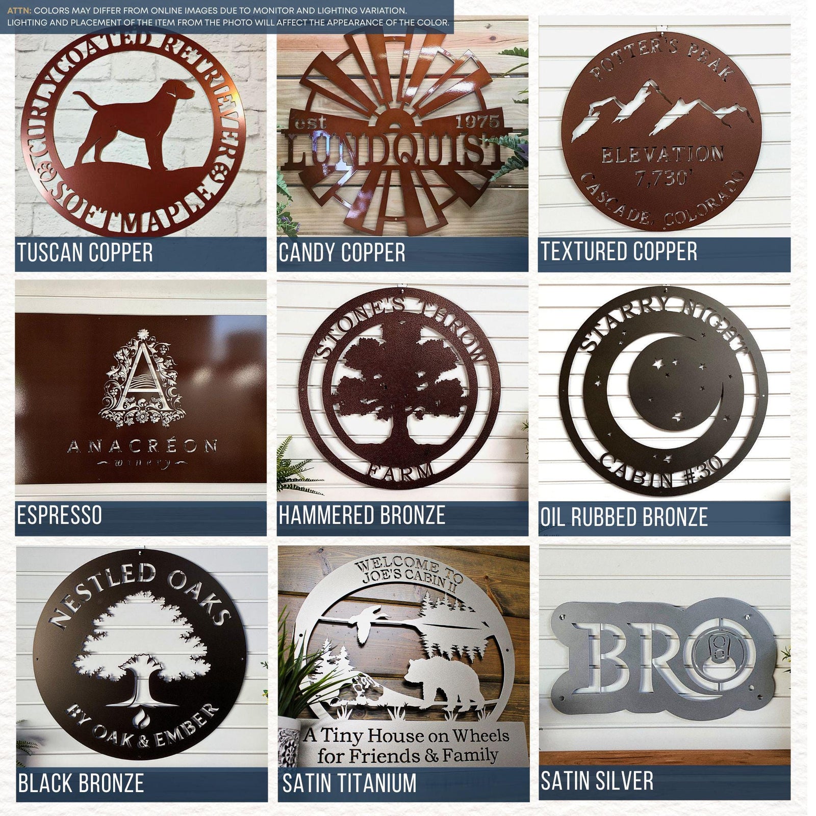 9-panel finish and color chart for custom metal signs featuring earthy and metallic tones. Top row includes Tuscan Copper dog-themed sign, Candy Copper personalized windmill sign, and Textured Copper mountain elevation sign. Middle row shows Espresso logo plaque, Hammered Bronze tree farm sign, and Oil Rubbed Bronze moon-and-stars camping sign. Bottom row features Black Bronze oak tree sign, Satin Titanium cabin and bear welcome sign, and Satin Silver monogram plaque.