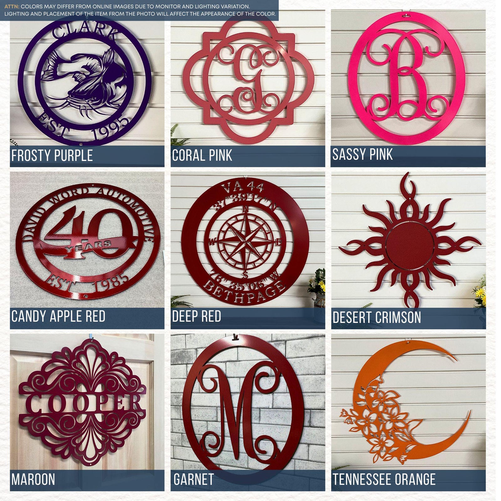 The custom metal sign has these available color options: Frosty Purple, Coral Pink, Sassy Pink, Candy Apple Red, Deep Red, Desert Crimson, Maroon, Garnet, and Tennessee Orange.