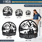 Personalized camper metal name sign with camping couple, mountains, and campfire; available in 24–48 inch sizes for RV decor.