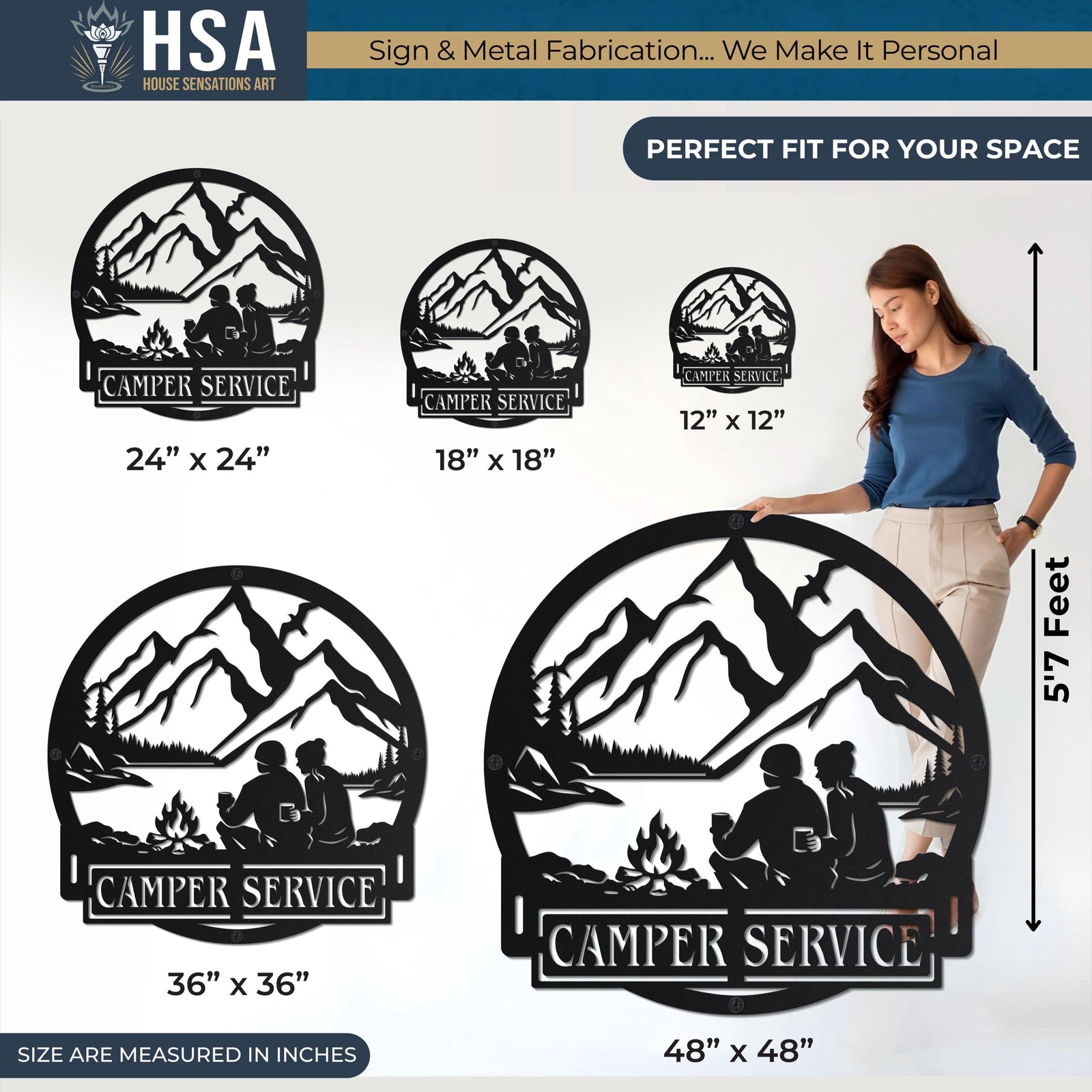 Personalized camper metal name sign with camping couple, mountains, and campfire; available in 24–48 inch sizes for RV decor.