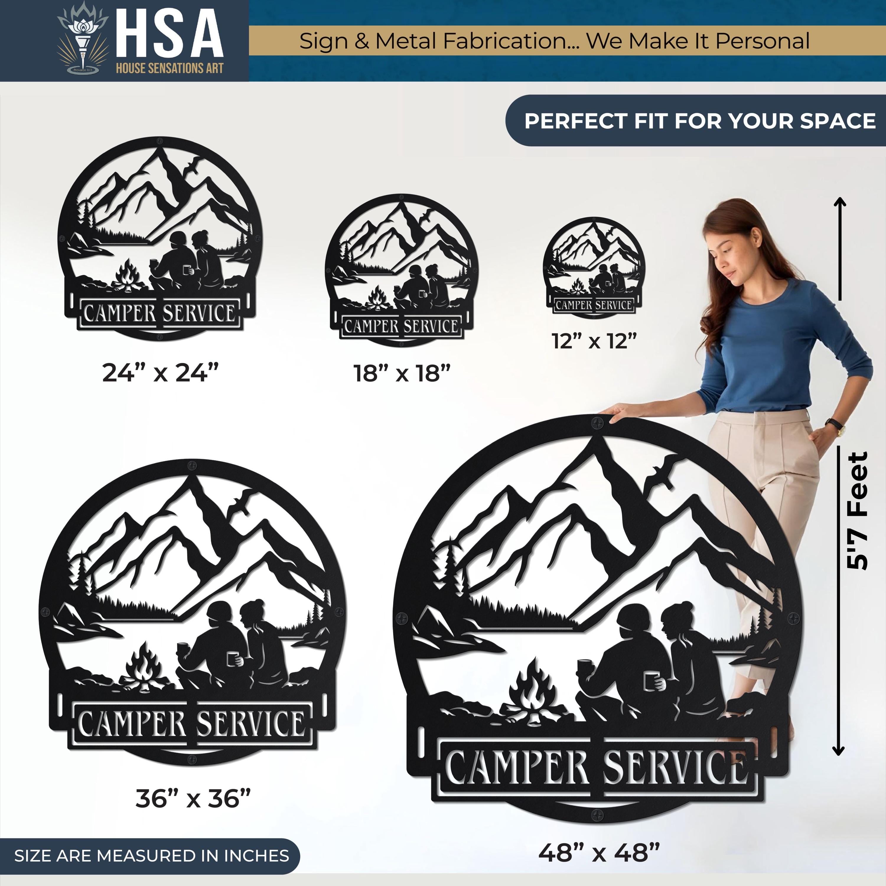 Personalized camper metal name sign with camping couple, mountains, and campfire; available in 24–48 inch sizes for RV decor.